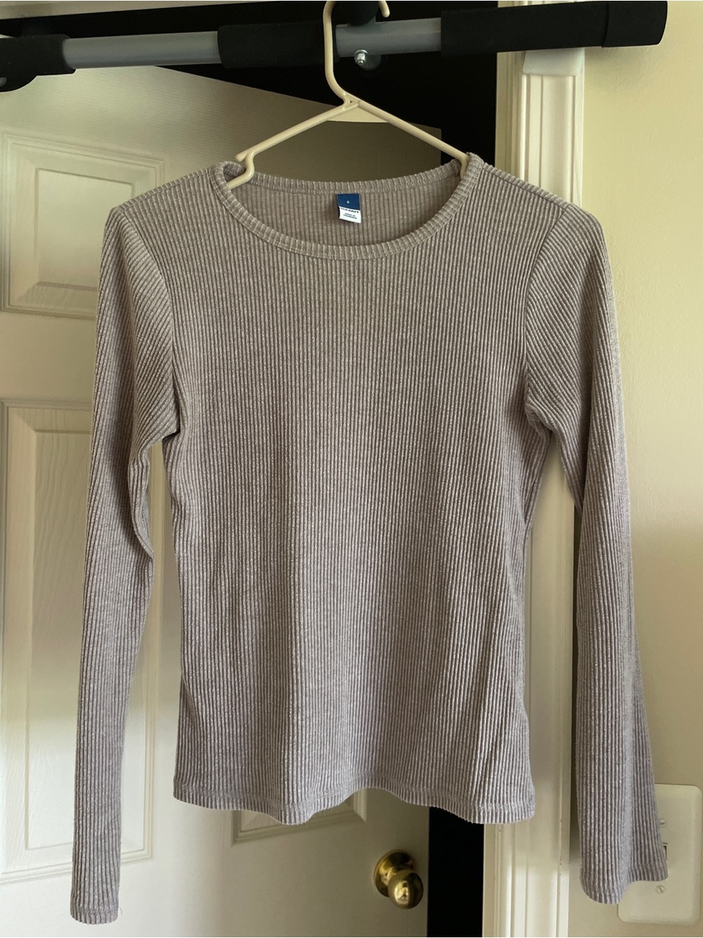 Ribbed Long Sleeve Crewneck Top — Light Taupe